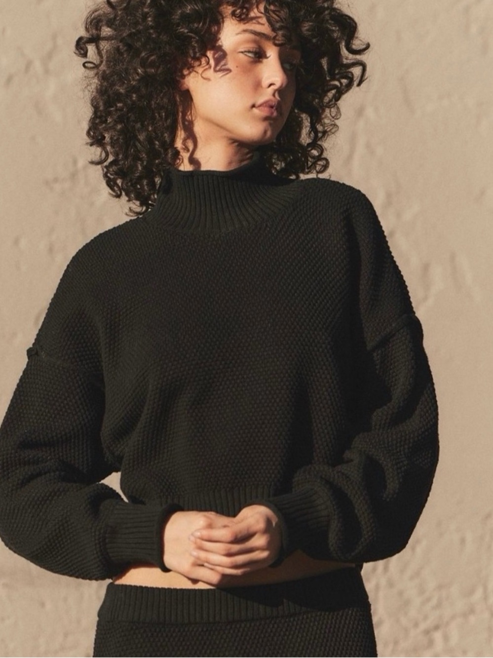 FP Beach Free People Hailee Cropped Mock Neck Sweater Chunky Knit Black Size XS